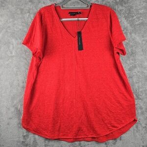 Tahari 100% Linen Tunic Womens Size 1X Plus Red‎ Round Hem Top Short Sleeve New
